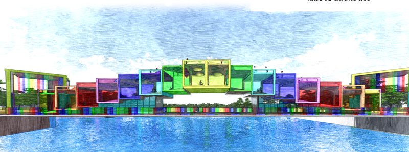 Elevation perspective of the bridge, showcasing colorful modular cubes forming a playful yet structured urban landmark.