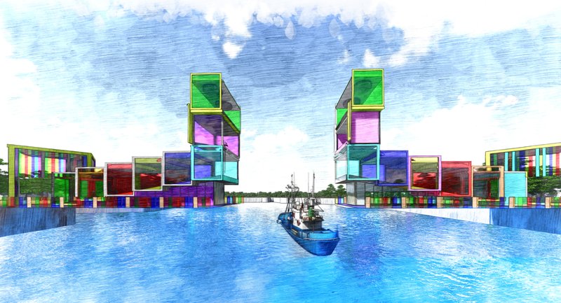 Opening sequence visualization, demonstrating the flexible cube-based system that allows the bridge to transform and open for navigation.