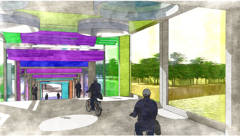 Interior cycling experience, where light, color, and modular form turn everyday movement into an engaging spatial journey.