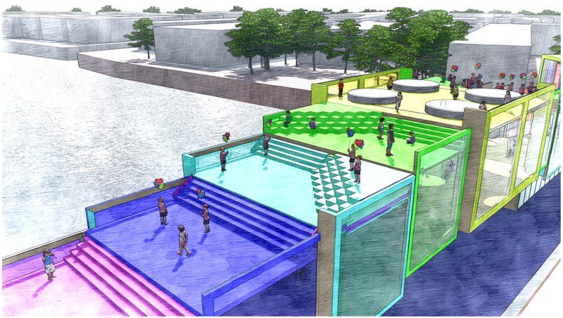 Public activity platforms, designed as stepped and terraced spaces for gathering, play, and community events over water.