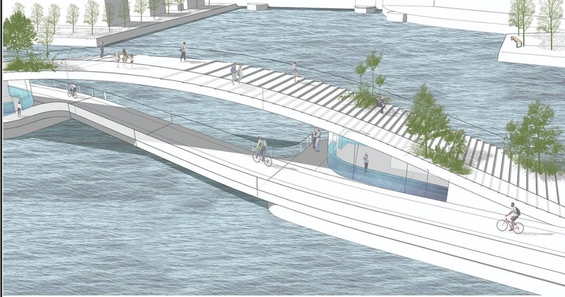 Section diagram revealing water pumping and turbine-based energy production beneath the bridge deck.