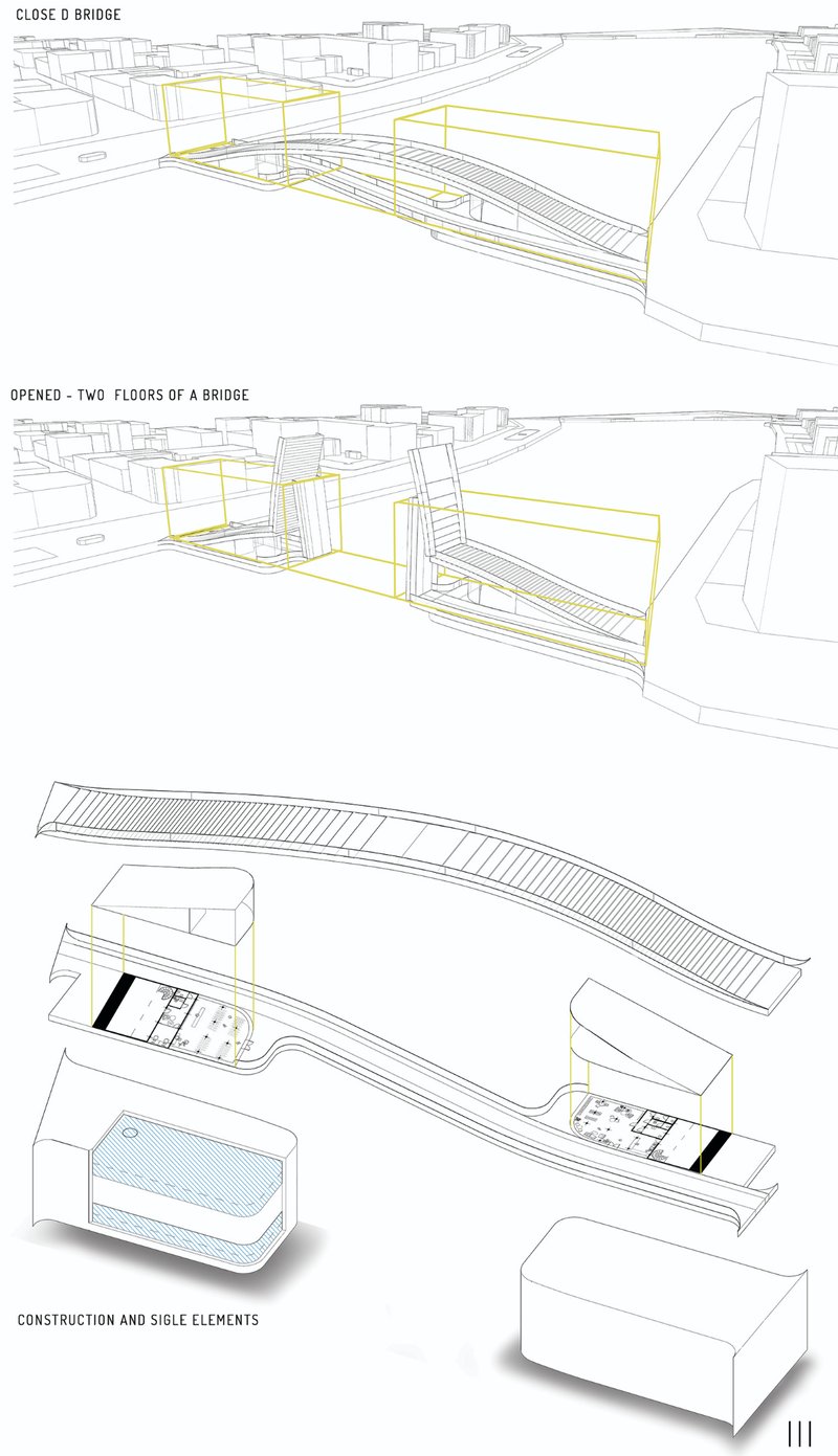 Exploded axonometric showing construction logic, internal systems, and modular bridge components.