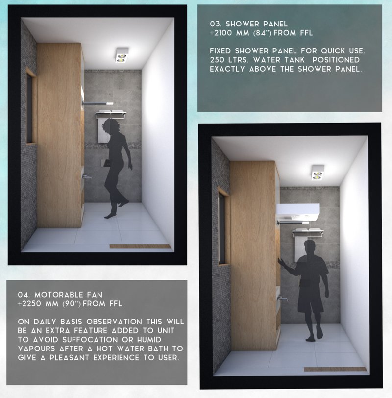 Ergonomically positioned water closet module ensuring standard comfort within a minimal footprint.