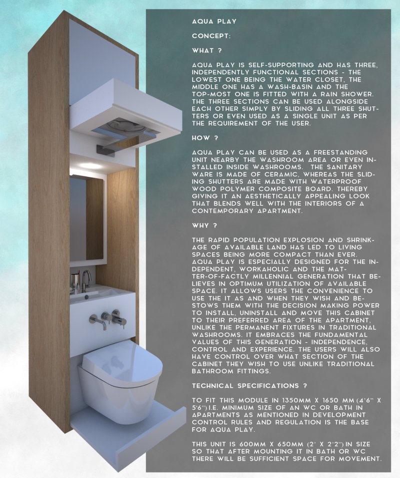 Vertical shower module with overhead water tank, enabling efficient gravity-fed bathing.