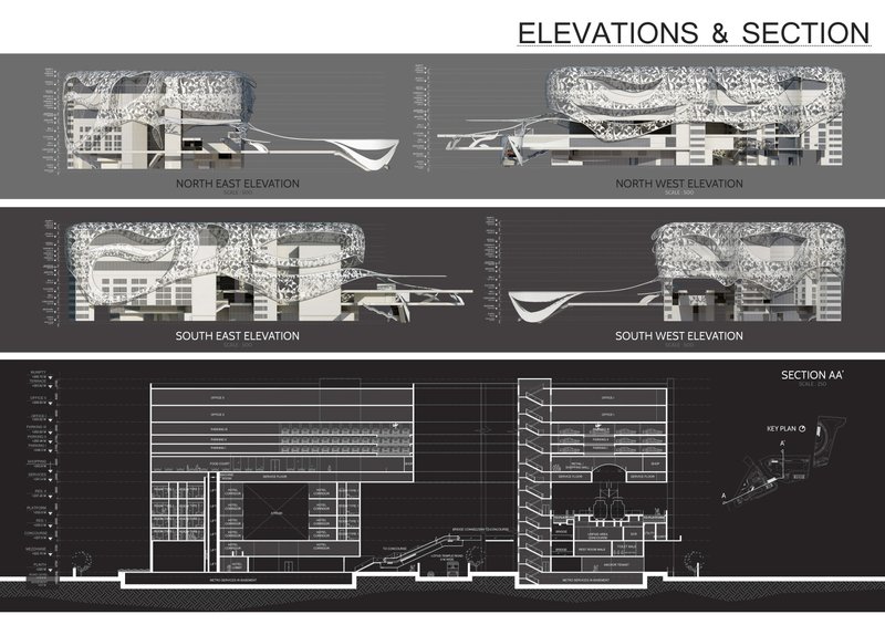 Elevation and section drawings showing the terraced facade and internal spatial organization