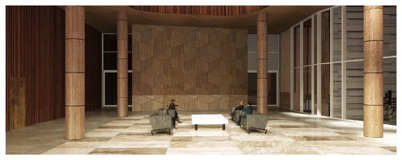 Central gathering space framed by sacred wood textures and geometric wall patterns.