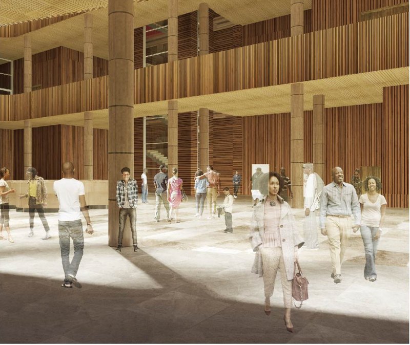 Public atrium activated by natural light, timber columns, and social interaction.