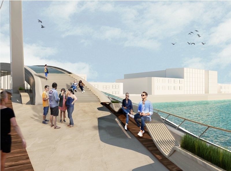 Waterfront promenade with curving timber benches and a stepped pavilion under a cloudy sky with birds