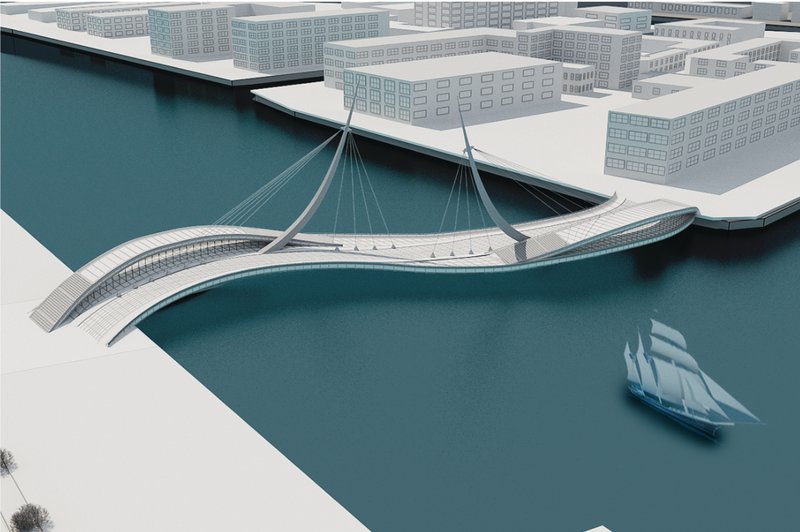 Physical model showing the arched bridge spanning water between urban blocks with a sailboat passing beneath