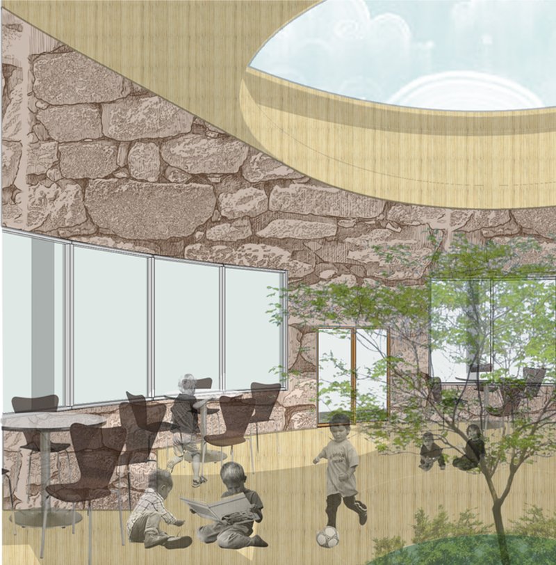 Canteen and activity space opening into a landscaped courtyard, enhancing daylight, ventilation, and social interaction.