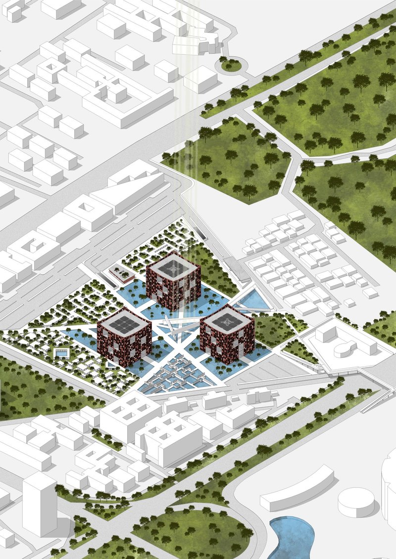 Masterplan axonometric illustrating the integration of funerary architecture within Delhi’s urban fabric through water, landscape, and pedestrian networks.