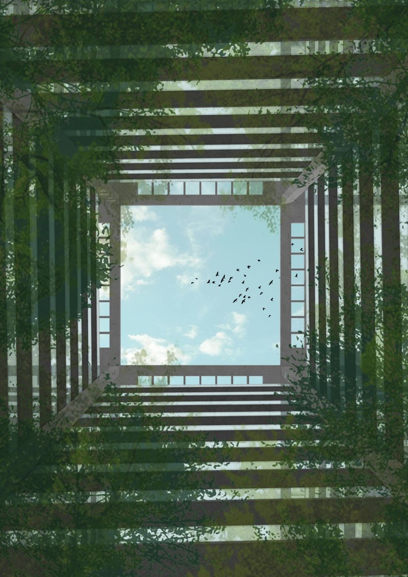 Light Well perspective capturing the vertical void that connects ground and sky, symbolizing transition, release, and continuity.