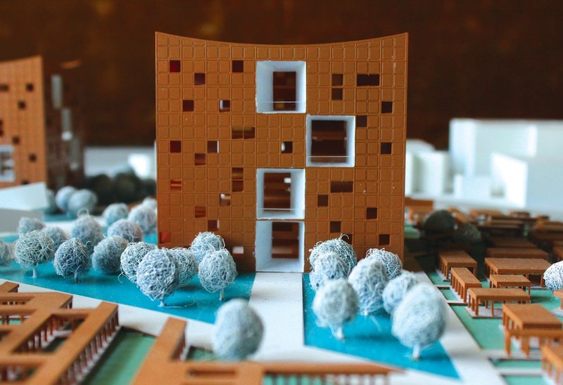 Detail view of façade articulation demonstrating perforation, light modulation, and the balance between solidity and permeability.