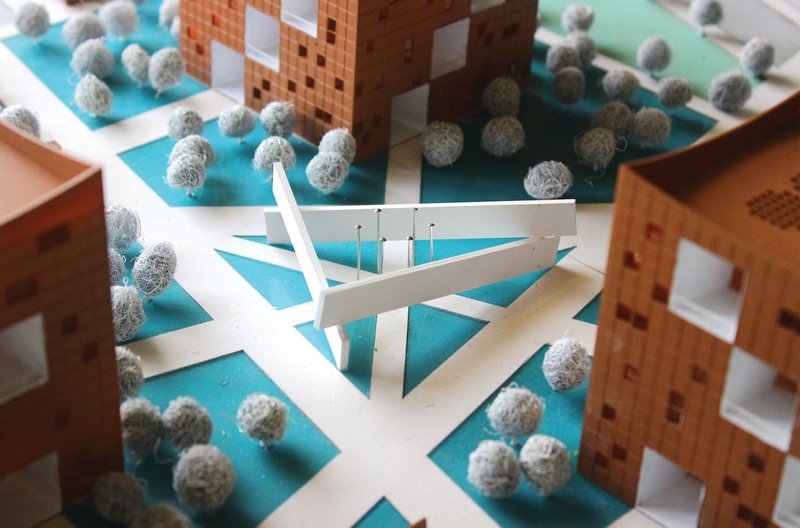 Central convergence space model where circulation paths, water bodies, and ritual movement intersect.