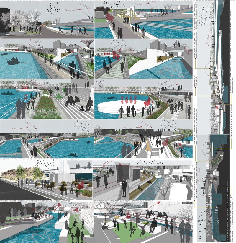 Proposed riverfront public spaces activating everyday activities through stepped edges, walkways, and gathering areas.
