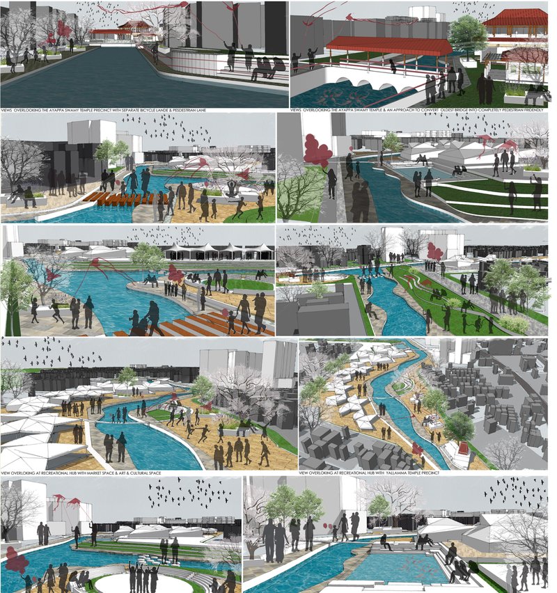 Riverfront sections illustrating multi-level public access and resilient water-edge design.