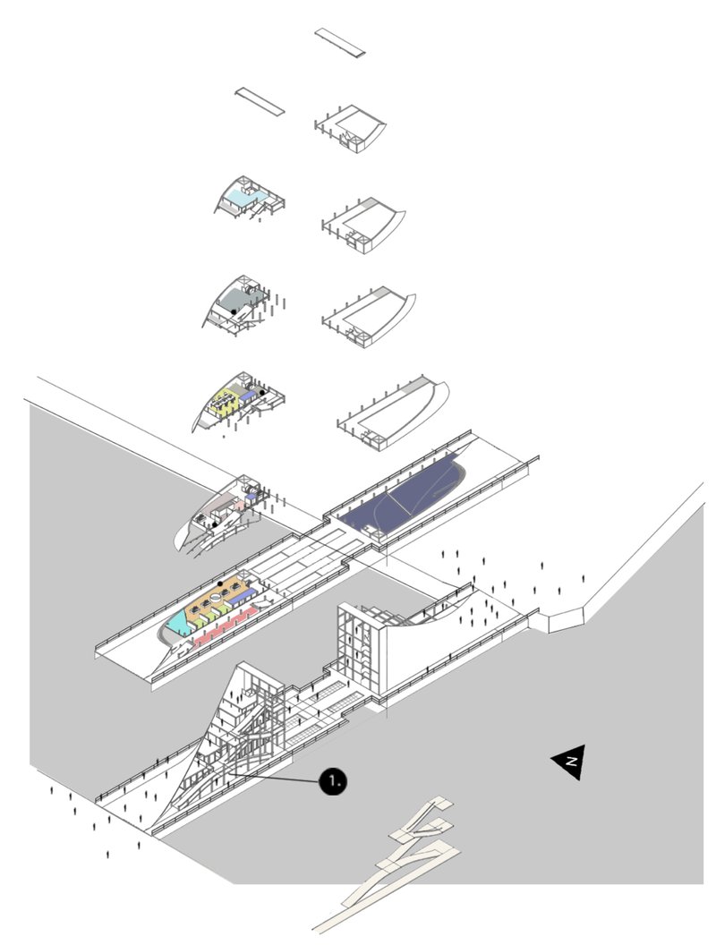 Steepened planes invite physical engagement, turning the bridge into a playable and climbable urban structure.