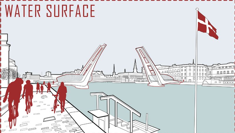 Public space perspective emphasizing pedestrian and cyclist movement across the bridge as an urban plaza.