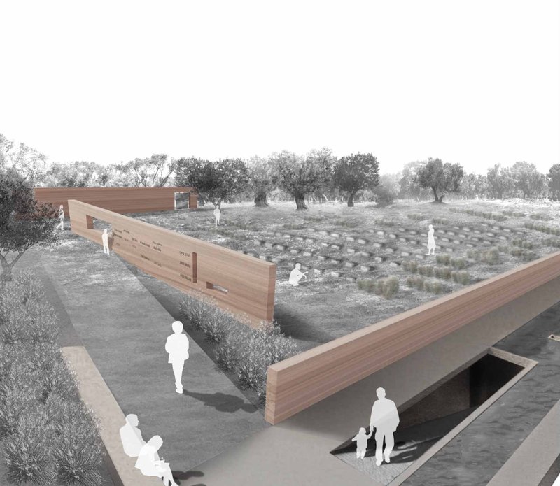 Burial landscape conceived as a contemplative field of memory and collective remembrance.