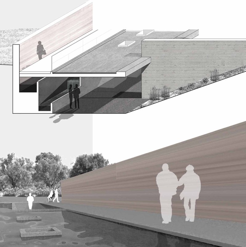 Entrance façade expressing architectural restraint and integration with the natural terrain.