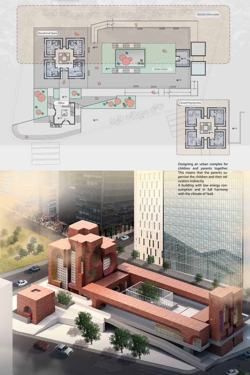 Site plan illustrating the spatial organization of educational zones, green courtyards, and climate-responsive circulation.