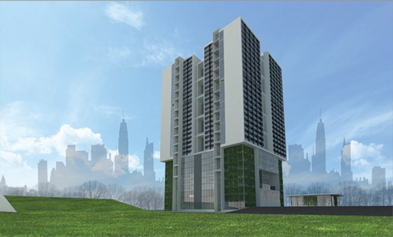 Overall massing of the vertical university tower, responding to urban land scarcity through compact academic stacking.