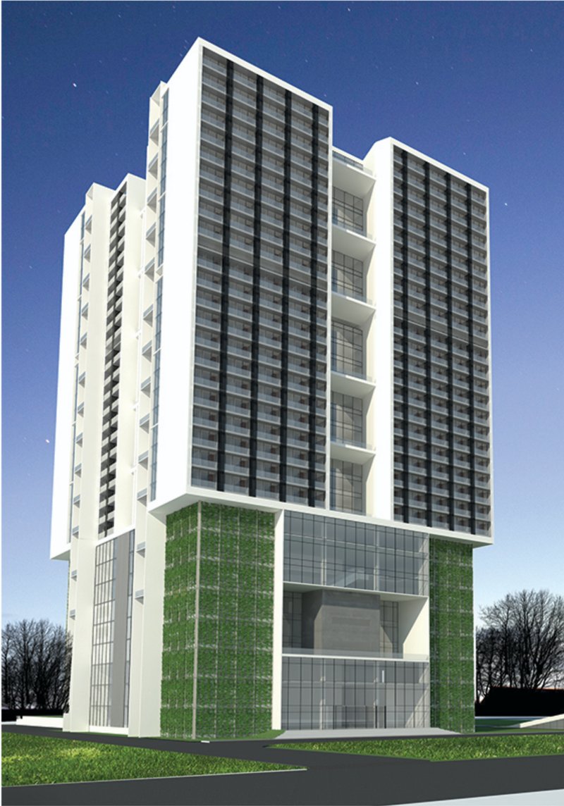 High-rise residential and academic blocks unified into a single vertical campus landmark.