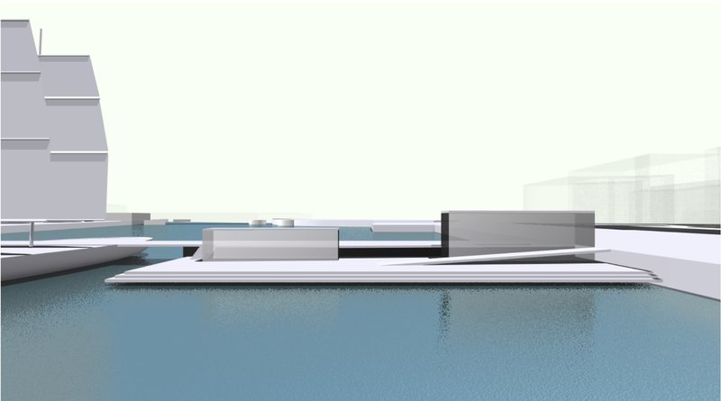 Floating deck platform adjusting to sea-level changes, creating a flexible public space at water’s edge.