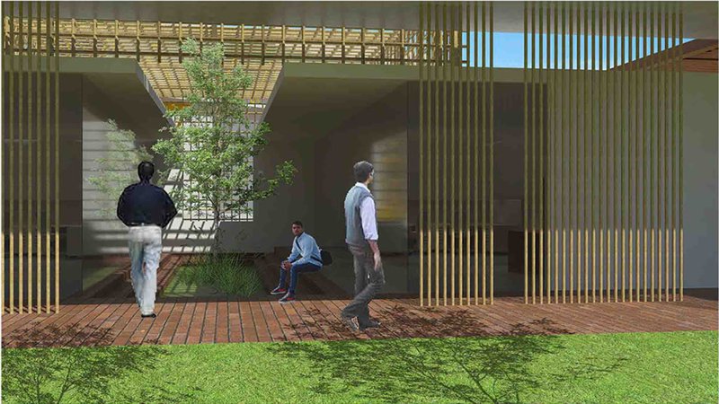 Shaded pause spaces framed by vertical screens, allowing light, movement, and informal social interaction.