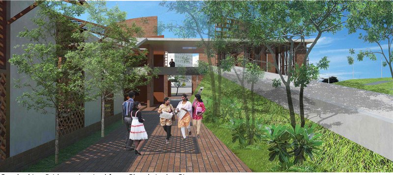 Green courtyards and semi-open enclosures supporting flexible use, gathering, and informal learning.