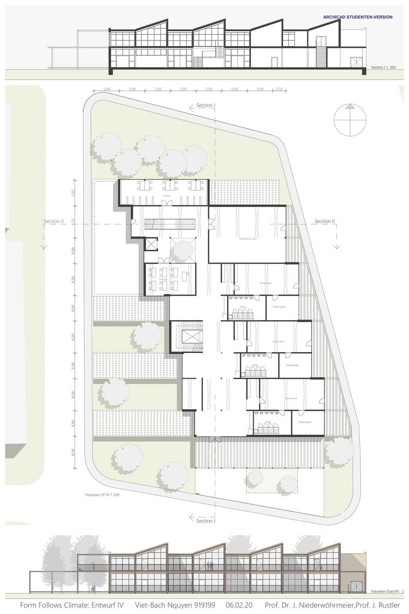 Ground floor plan illustrating compact spatial organization, courtyards, and north–south orientation for environmental efficiency.
