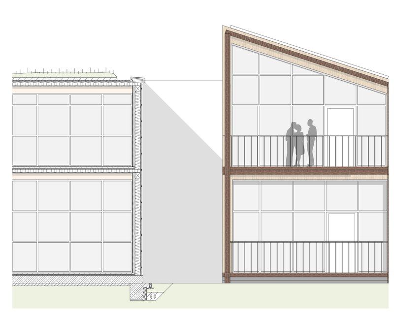 Facade section demonstrating timber construction, triple-glazed openings, and sawtooth roof integration for passive solar performance.