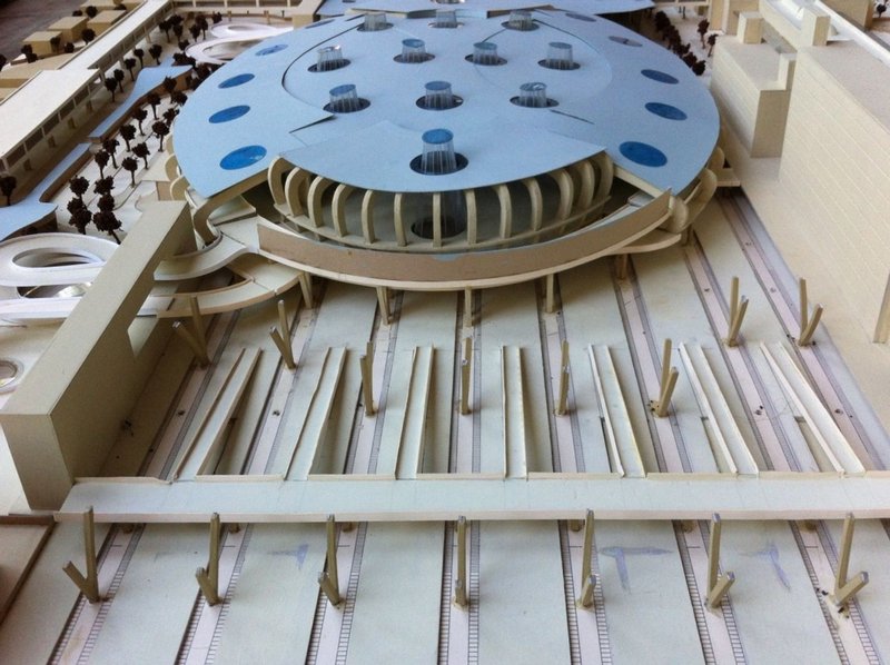 Isometric view of the multimodal transit hub showcasing integrated platforms and circulation loops.