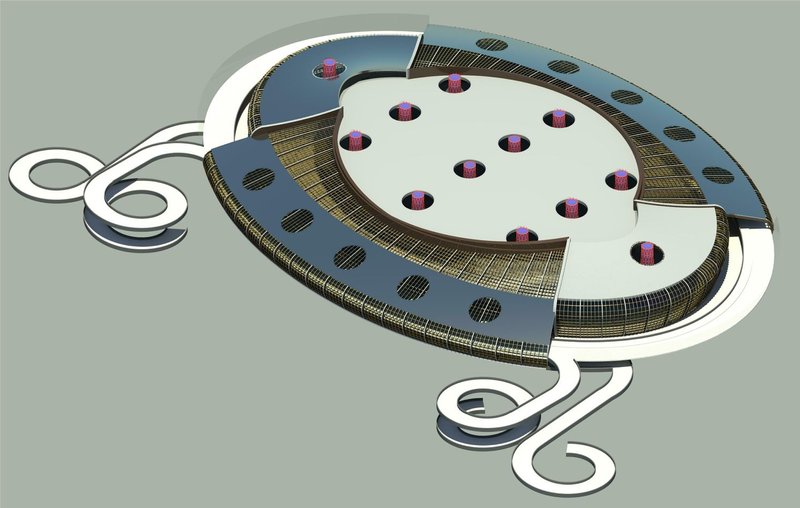 Extended isometric view revealing the linear organization of railway platforms and transit infrastructure.