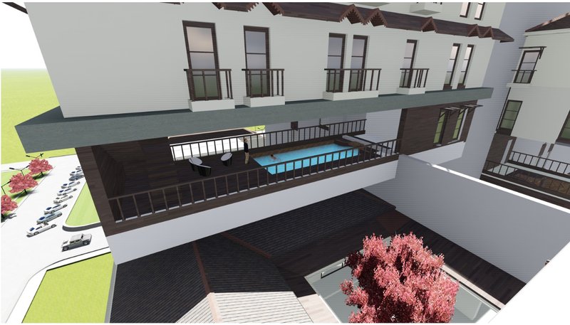 Upper-level terrace view showing a lap pool with dark timber decking and rows of balconies above
