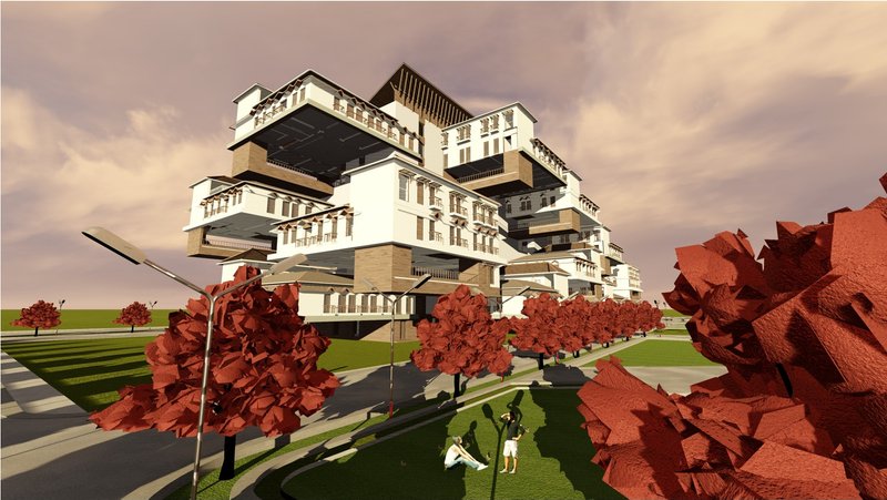 Stacked white volumes with cantilevered balconies framed by a row of red-leafed trees and dramatic clouds