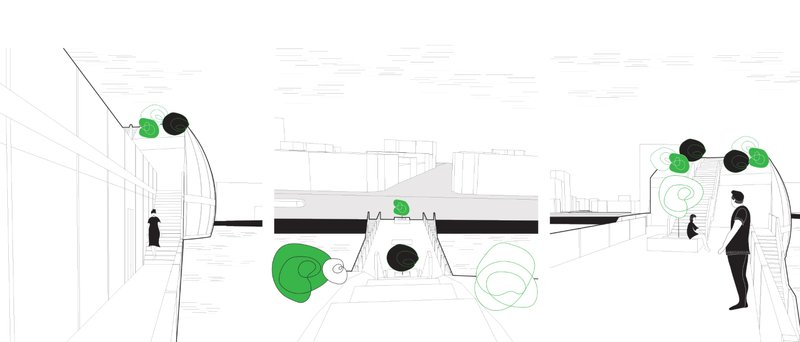 Interior circulation beneath the main deck, revealing the bridge as a layered public space.