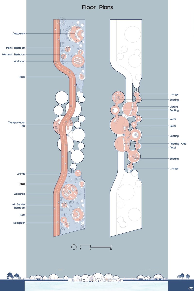 Floor plan drawing displaying circular and organic program spaces arranged along a central linear circulation spine