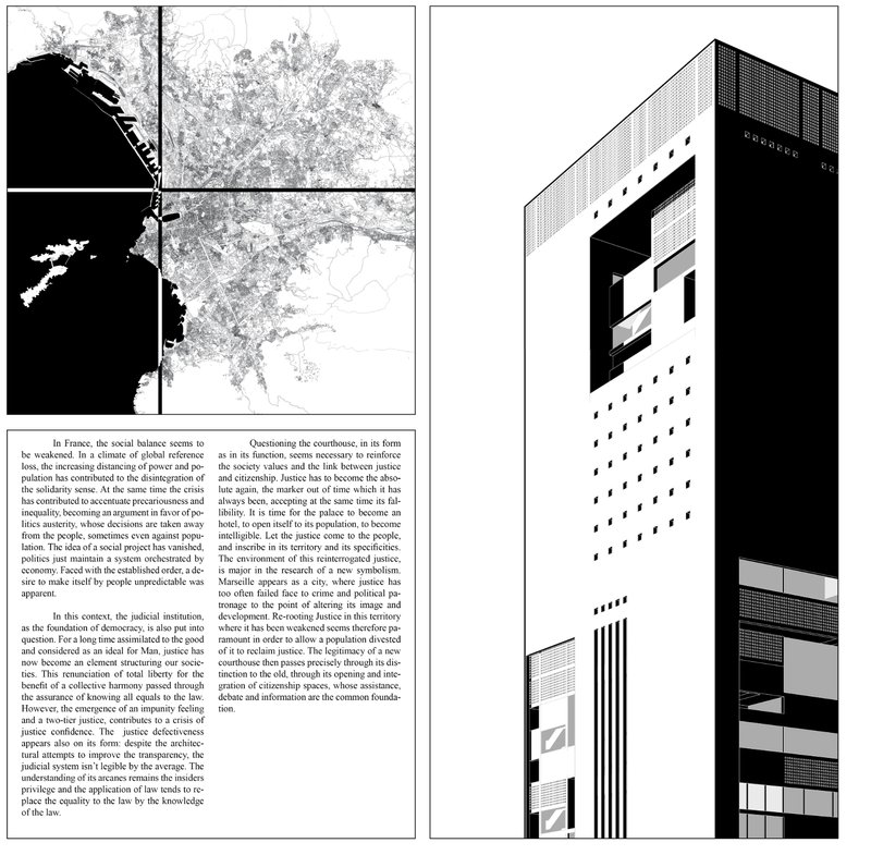 Site plan drawing showing urban context with water body and adjacent rendering of tower facade with perforated screens