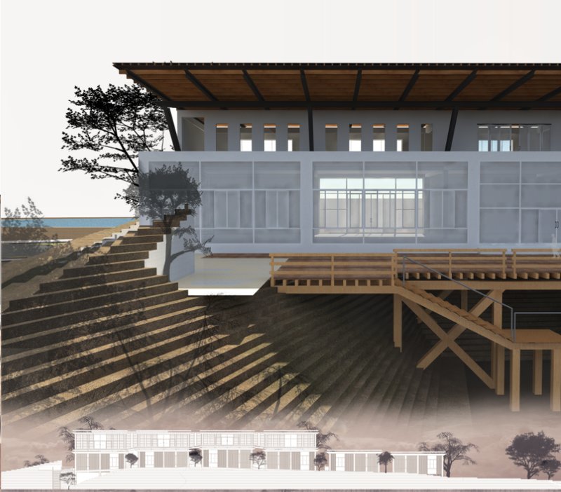 Lake-facing studio block elevated along contours, reinforcing visual continuity between architecture and landscape.