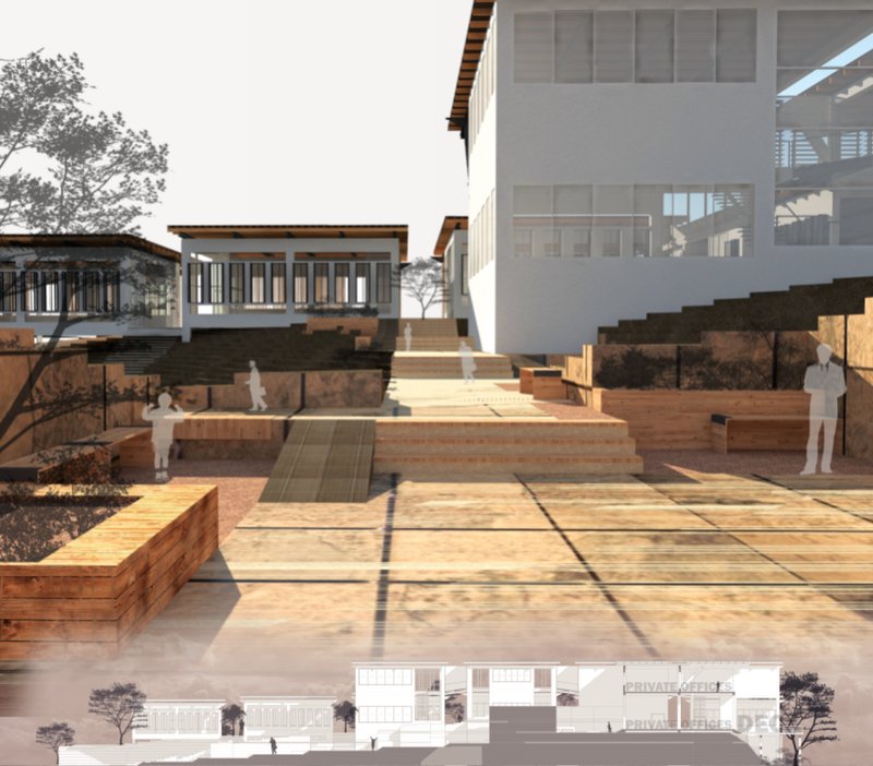 Central pedestrian spine connecting workshop blocks through terraced public learning spaces.