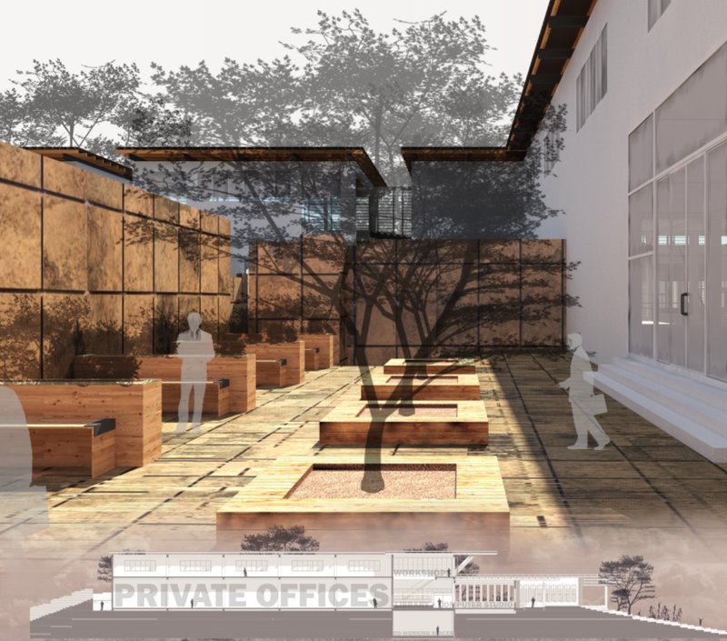 Courtyard-focused co-learning space encouraging informal interaction between students and professionals.