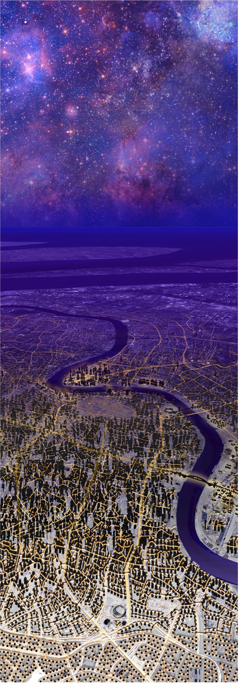 Aerial site plan rendering with a meandering river and illuminated urban fabric under a starry night sky