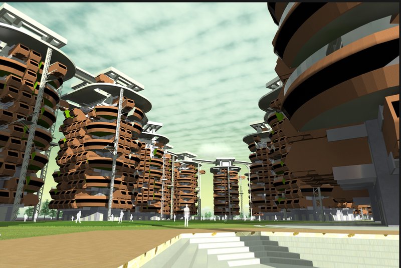 Adaptive modular housing towers organized around a central core, forming a dense yet flexible future living ecosystem.