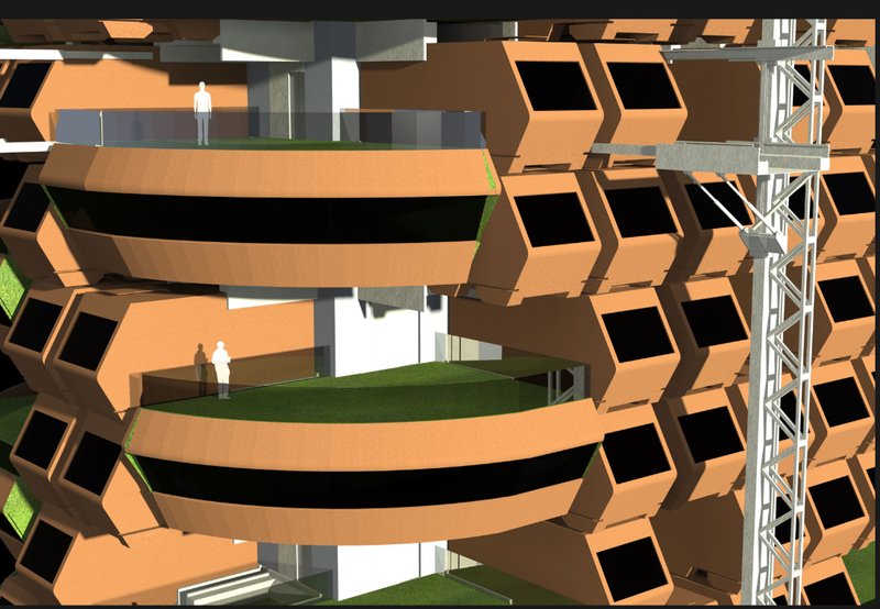 Expandable dwelling modules creating shared green terraces while maintaining individual privacy within vertical communities.