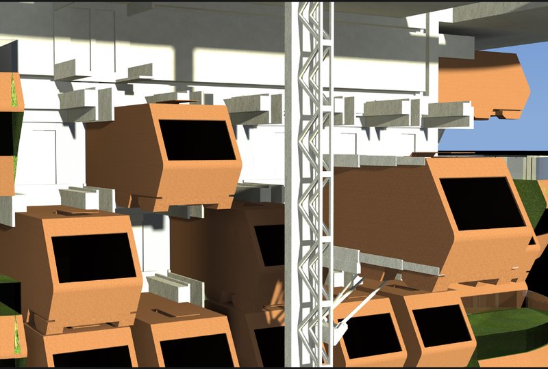 Plug-in residential units dynamically attaching and detaching from the structural core to support spatial mobility.