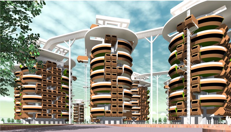 Clustered modular towers connected through elevated networks, redefining collective living in high-density environments.