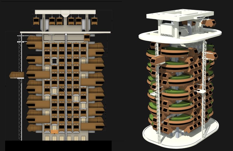 Sectional and axonometric view illustrating the relationship between movable housing modules, green layers, and the central core.