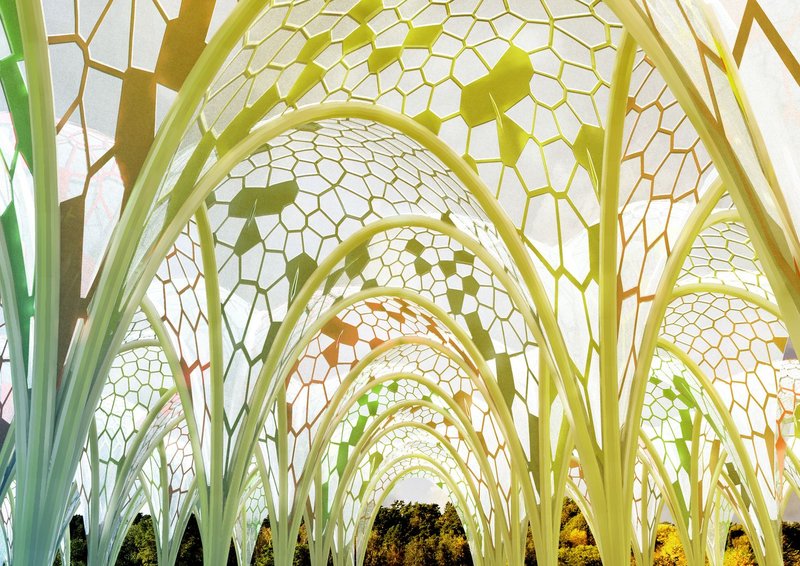 Translucent fabric envelopes filter daylight, generating dynamic patterns of light and shade beneath the pavilion.