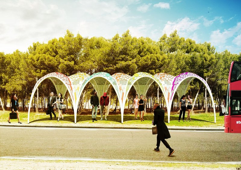 Linear deployment of PIXA modules as a shaded urban interface for transit, waiting, and informal gathering.